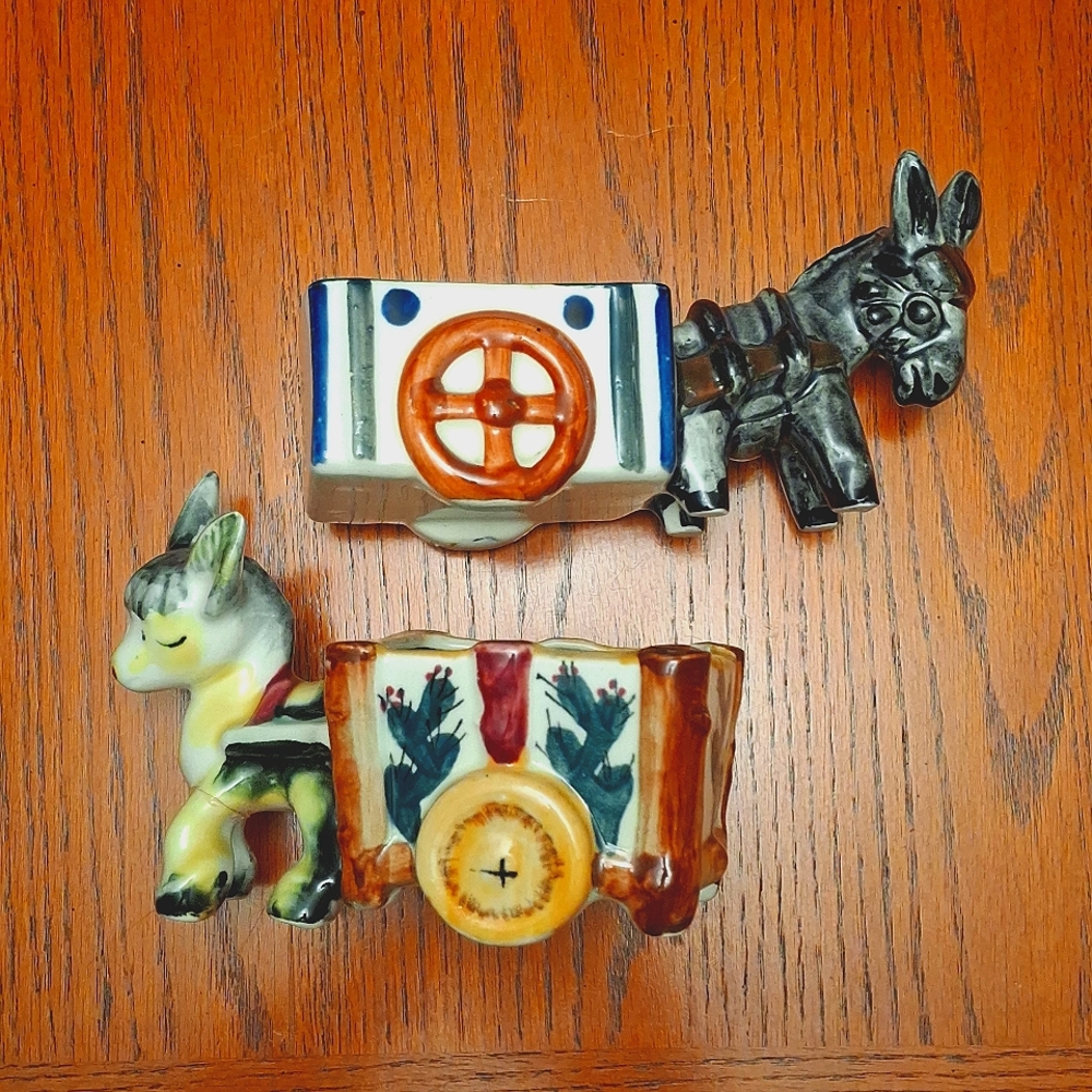 Set of 2 Donkey and Cart Figurine/Planter Vintage 1950s